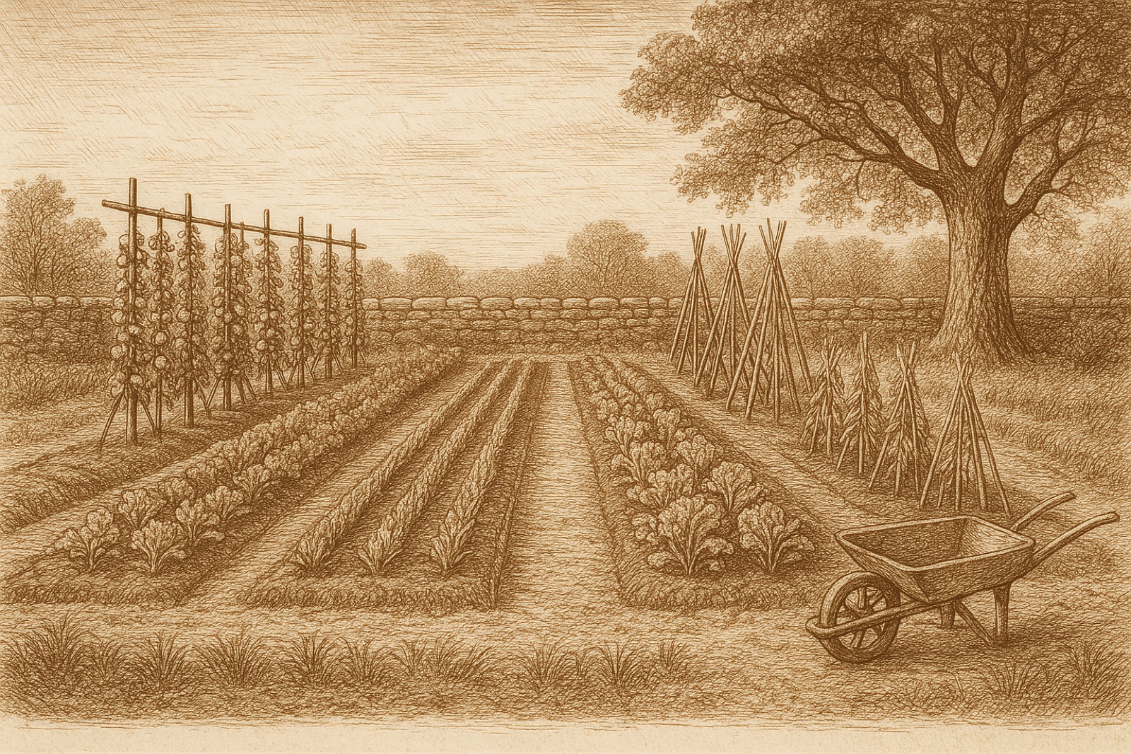 Etching of a kitchen garden: long raised beds, staked tomatoes, bean poles, a stone wall and an oak