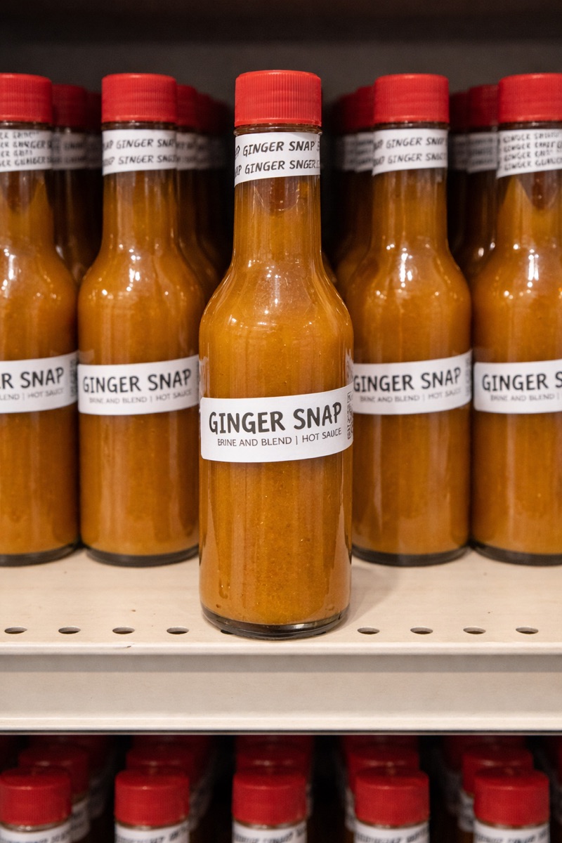Bottles of Ginger Snap hot sauce on a shop shelf